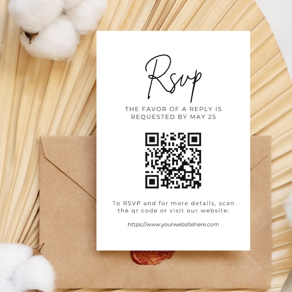 Editable RSVP Card with QR Code, Invitation Insert, Enclosure Card, Printable RSVP Card, Minimalist, Wedding, Bridal Shower, Response Card