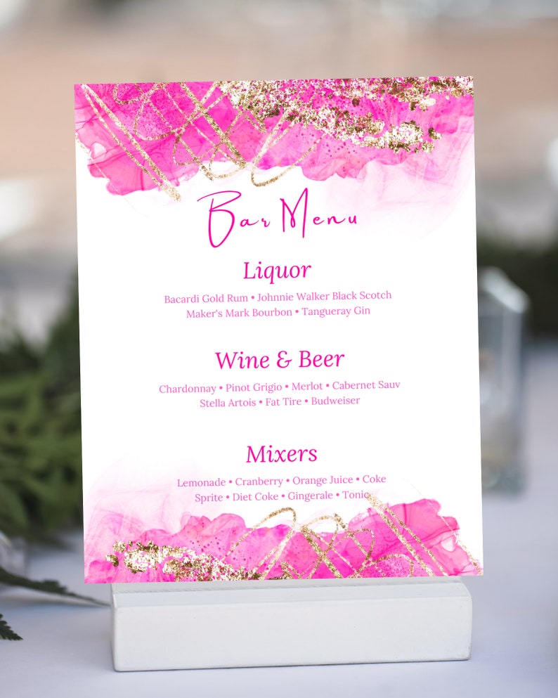 Pub Menu Card Editable Pink and Gold Bar Menu Card Template Full Size Menu - Etsy
