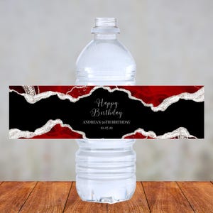Red & Silver Agate Water Bottle Label Template  Editable 16oz Wrap (Digital Download, Printable PDF)