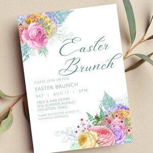 May include: White invitation card with the text "Easter Brunch" in green script, adorned with watercolor floral arrangements in pink, purple, yellow, and blue. Details include date, time, and location.