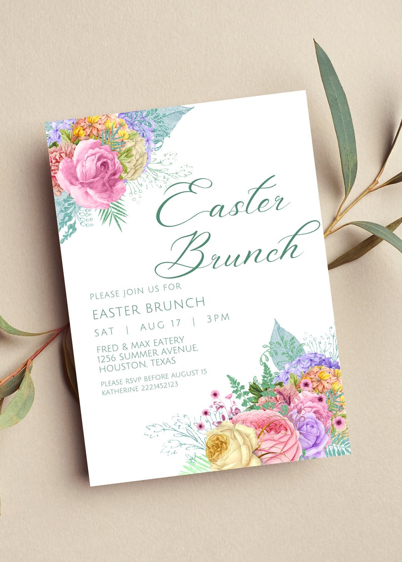 May include: White invitation card with the text "Easter Brunch" in green script, adorned with watercolor floral arrangements in pink, purple, yellow, and blue. Details include date, time, and location.