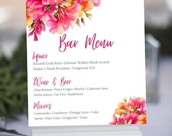 Bearbeitbare Rosa und Orange Floral Bar Menü Kartenvorlage, Menü in voller Größe, Tischmenü, Abendmenü, Geburtstagsmenü, Hochzeitsmenü, bedruckbar
