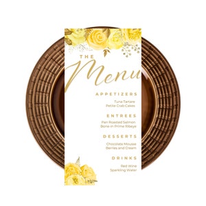 Plantilla de tarjeta de menú editable, tarjetas de menú amarillas y doradas, florales, tarjeta de menú de cena, menú de mesa, menú de bar, imprimible