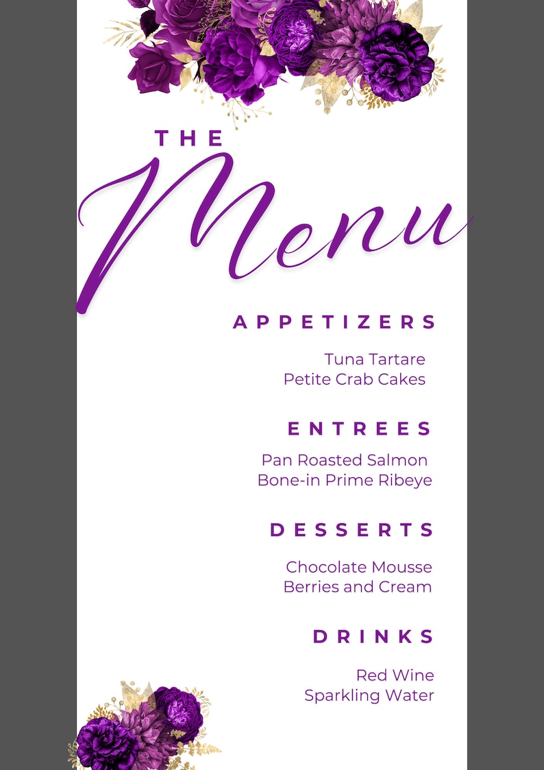 Editable Menu Card Template, Purple and Gold Menu Cards, Floral, Dinner ...