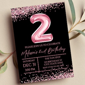 Faire-part 2e anniversaire modifiable, faire-part rose et noir, 2 ballons roses, glam, paillettes, faire-part imprimable ou numérique