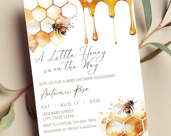 Editable A Little Honey is on the Way Baby Shower Invitation, Bee Baby Shower, Dripping Honey, Gold Honeycomb, Printable or Text Invite