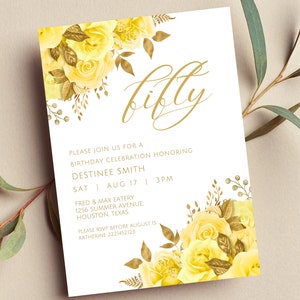 Editable Yellow and Gold Floral Invitation, Yellow and Gold Flowers, Birthday Invitation, Printable or Text Invite