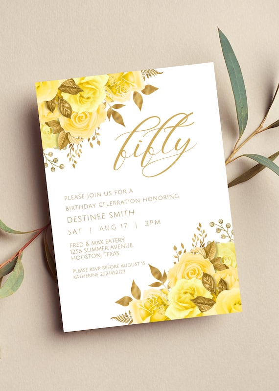 Editable Yellow and Gold Floral Invitation, Yellow and Gold Flowers, Birthday Invitation, Printable or Text Invite
