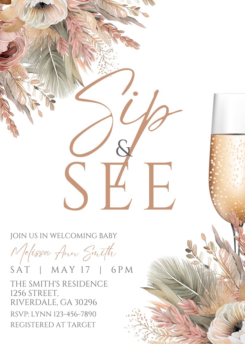 Może przedstawiać: Zaproszenie na baby shower z akwarelowym wzorem kwiatowym w odcieniach r&oacute;żowego, beżowego i zielonego. Tekst brzmi "Sip & See" i zawiera imię dziecka, datę, godzinę i miejsce. Zaproszenie zawiera r&oacute;wnież informacje RSVP i informację, że dziecko jest zarejestrowane w Target.