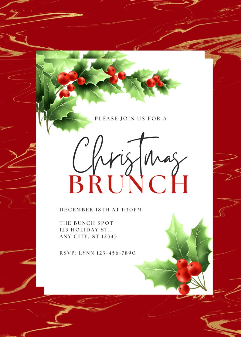 Editable Christmas Brunch Invitation Holiday Invite Holly - Etsy