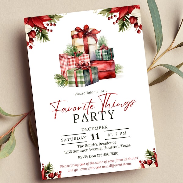 Editable Favorite Things Party Invitation, Gift Exchange Christmas Party, Printable or Digital Invite