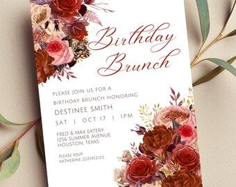 Editable Brunch Invitation, Autumn Flower Birthday Brunch, Fall Floral, Rustic Flowers, Russet and Gold, Autumn Roses, Print or Text Invite