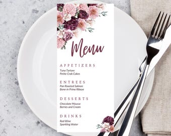 Blush Burgundy Floral Menu Template, Editable Printable (Digital Download)