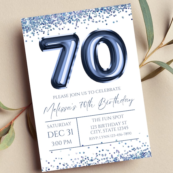 Editable 70th Birthday Invitation, Navy Blue and White Invitation, Navy Blue 70 Balloon, Glam, Glitter, Printable or Text Invite