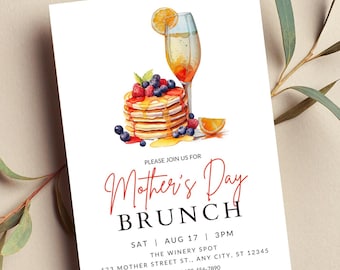 Editable Mother's Day Brunch Invitation, Pancake, Mimosa, Printable or Digital Invite