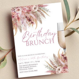 Bearbeitbare rosa Geburtstagsbrunch-Einladung, Brunch-Einladung, Blumen, Pampasgras, Boho, Mimose, bedruckbar oder Text einladen