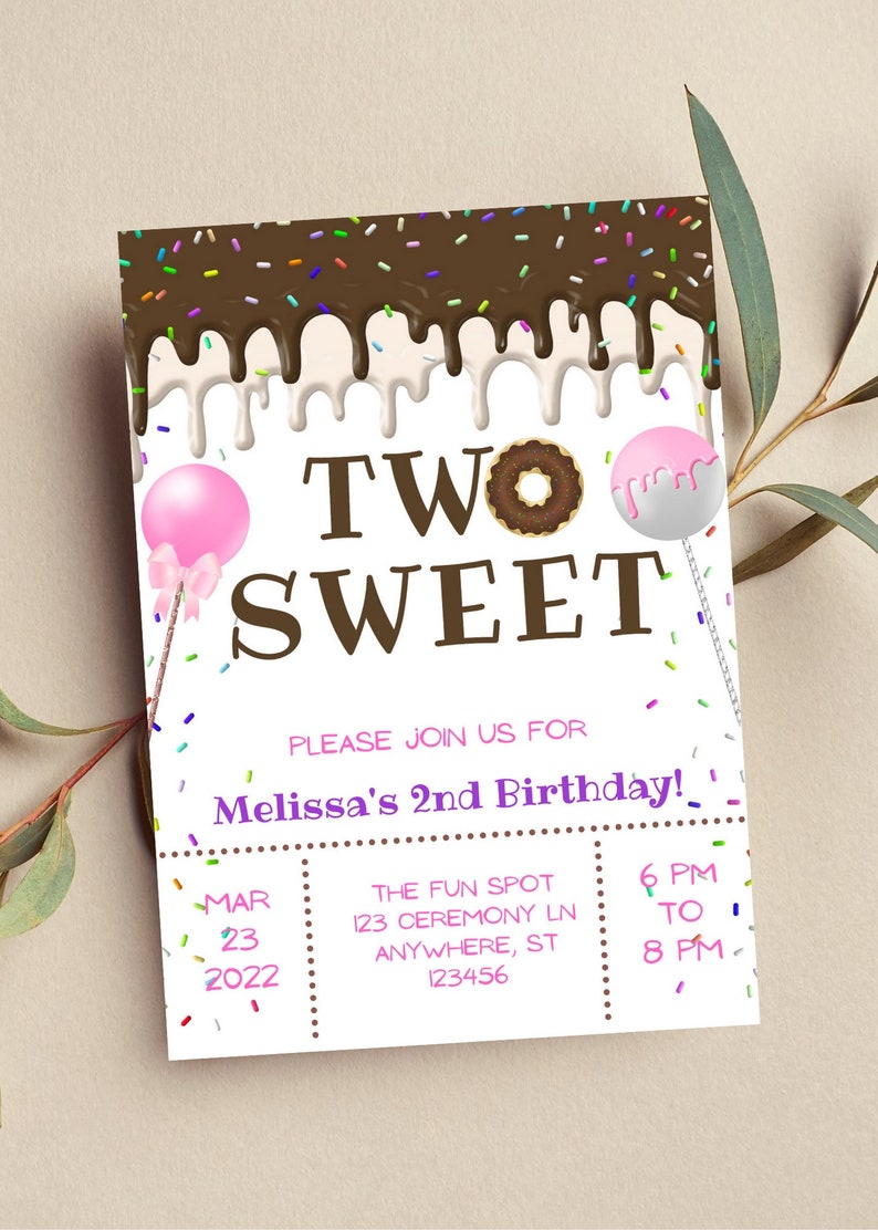 Editable Two Sweet Birthday Invitation Dripping Chocolate Etsy