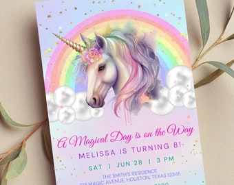 May include: A purple and pink unicorn with a rainbow behind it. The text reads "A Magical Day is on the Way Melissa is Turning 8!" with the date and time of the event below.