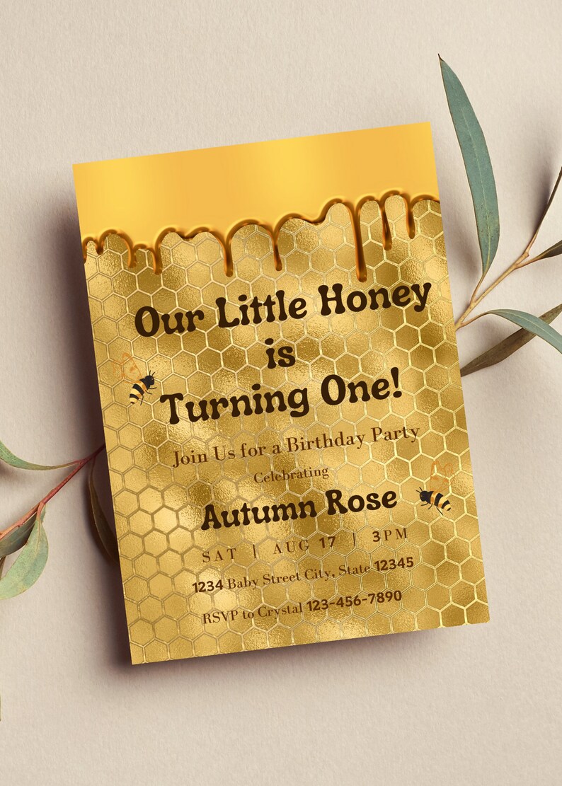 Editable Our Little Honey is Turning One Birthday Invitation Dripping Honey Gold Honeycomb Printable Instant Download