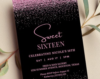 Editable Sweet 16 Birthday Invitation, Pink and Black Invitation, Pink Glitter, Print or Text Invite