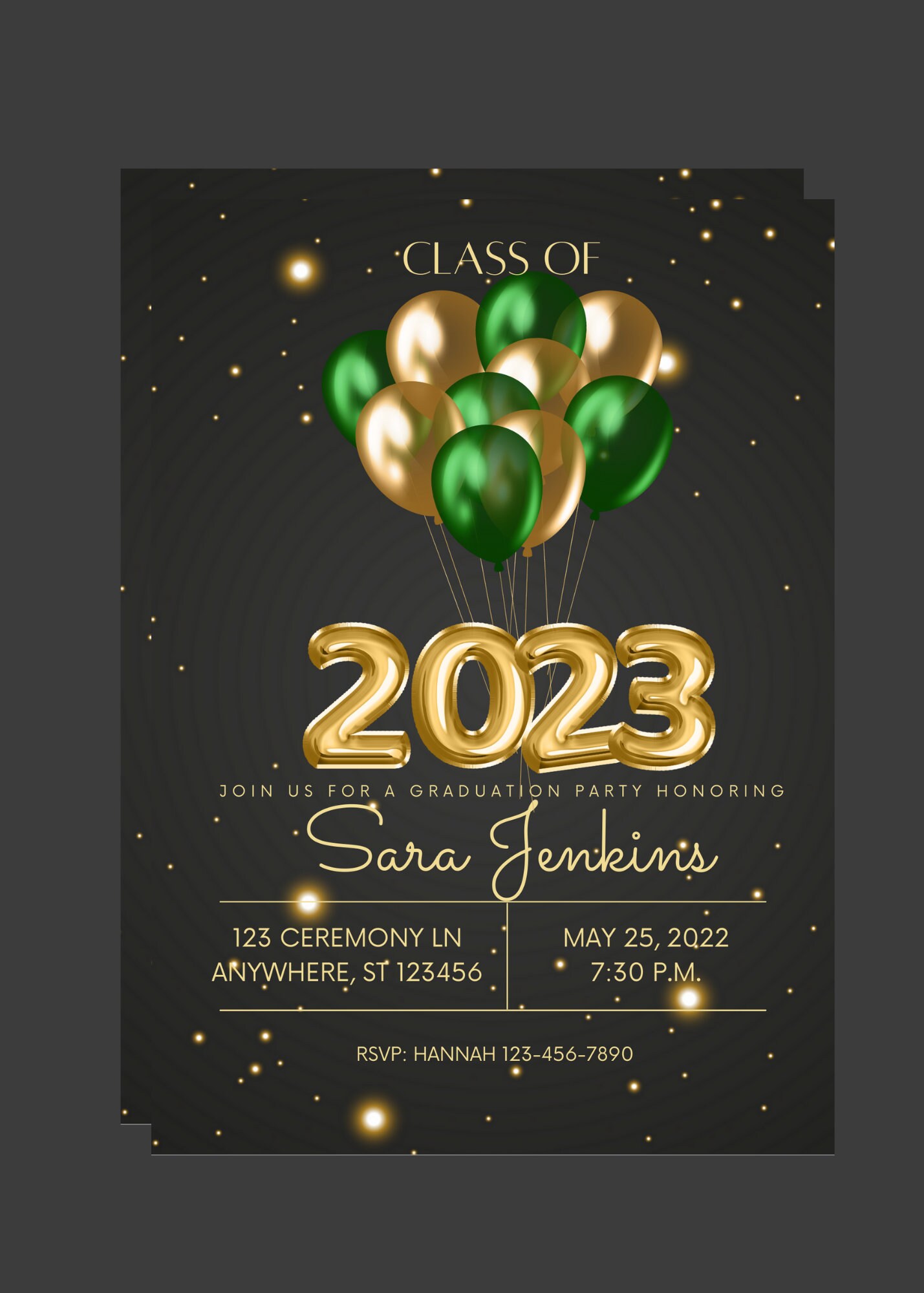 Editable Graduation Invitation 2023 Green and Gold Balloons Etsy