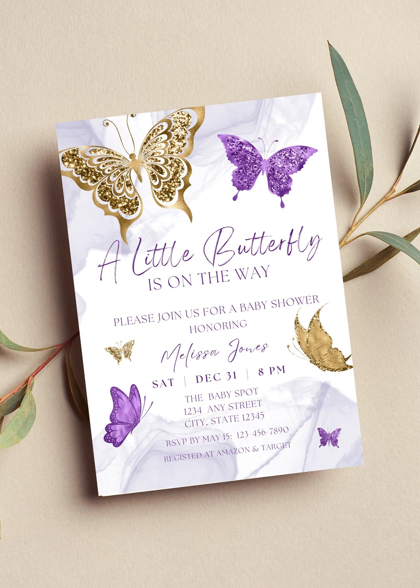Butterfly Invitations Purple And Gold Baby Shower Invitations Editable Butterfly Baby Shower Invitation, A Little Butterfly Is On The  Way, Purple And Gold Butterflies, Printable Or Text Invite
