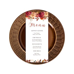Modèle modifiable de cartes de menu d'automne, menu d'automne, floral, dîner d'anniversaire, menu de mariage, menu de brunch, menu de table, menu de bar, imprimable