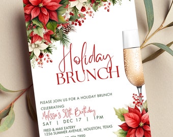 May include: A white invitation card with red and green floral accents. The text reads "Holiday Brunch" celebrating "Melissa's 30th Birthday" on Saturday, December 17th at 1 PM. The location is Fred & Max Eatery, 1256 Summer Avenue, Houston, Texas. RSVP: Don 123.456.7890.