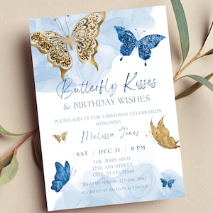 Editable Butterfly Birthday Invitation, Butterfly Kisses and Birthday Wishes, Blue Butterflies, Printable or Text Invite