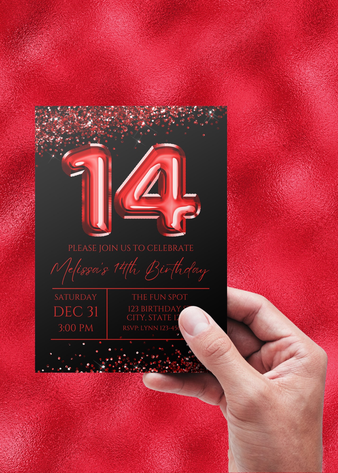 Editable 14th Birthday Invitation, Red and Black Invitation, Red 14 ...