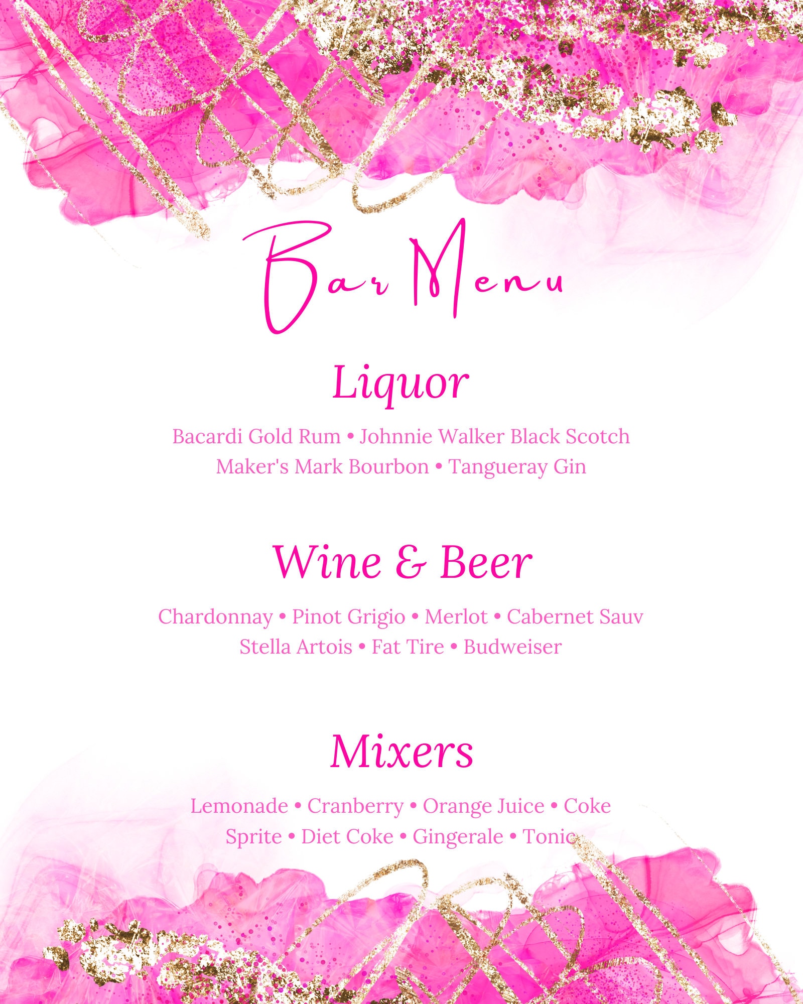 Editable Pink and Gold Bar Menu Card Template Full Size Menu Etsy