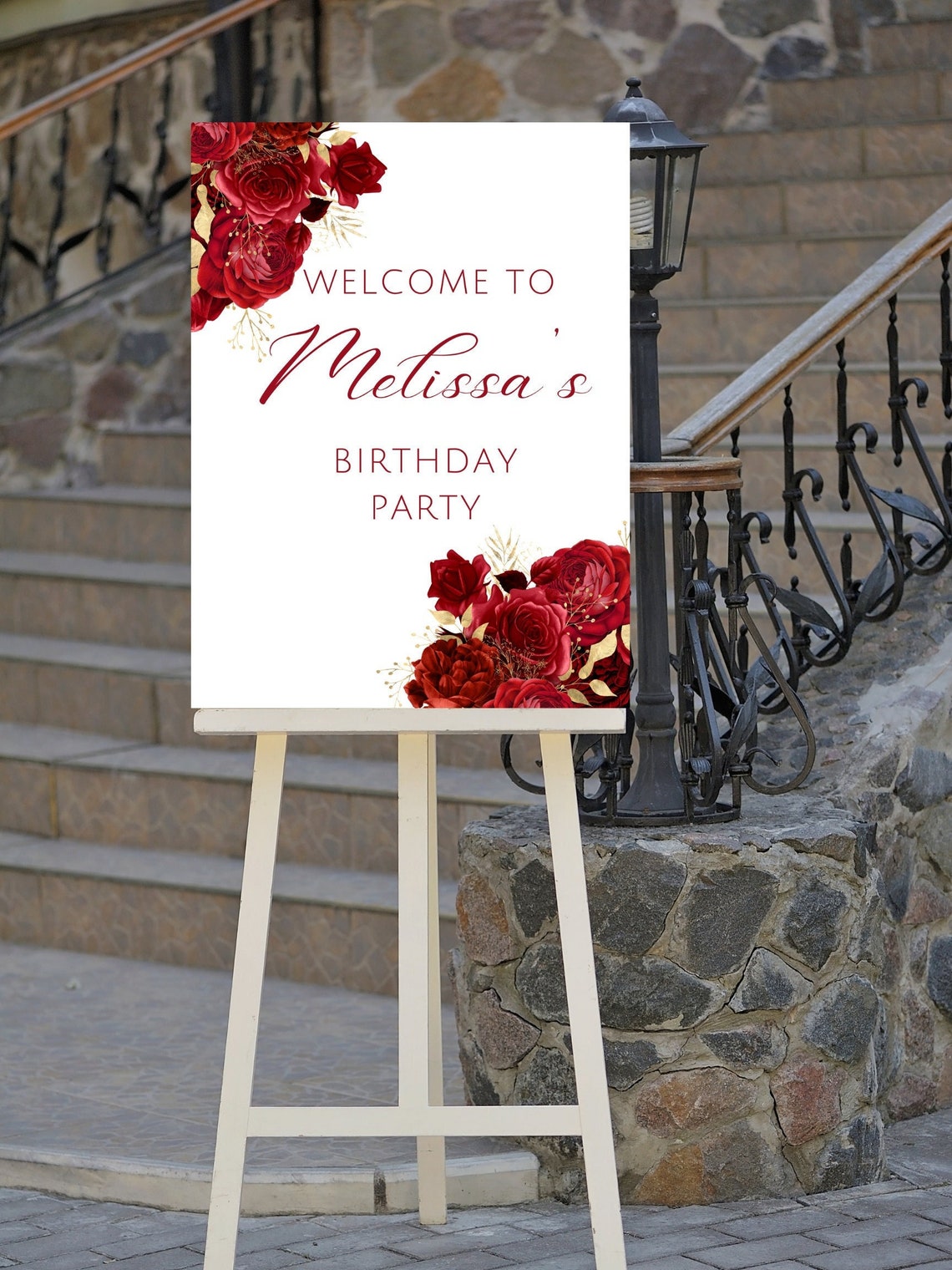 Editable Red and Gold Birthday Welcome Sign, Floral Birthday Party ...