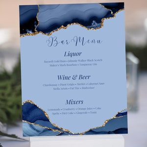 Bewerkbare sjabloon blauwe en gouden balk menukaarten, menu op volledige grootte, tafelmenu, dinermenu, verjaardagsmenu, trouwmenu, afdrukbaar