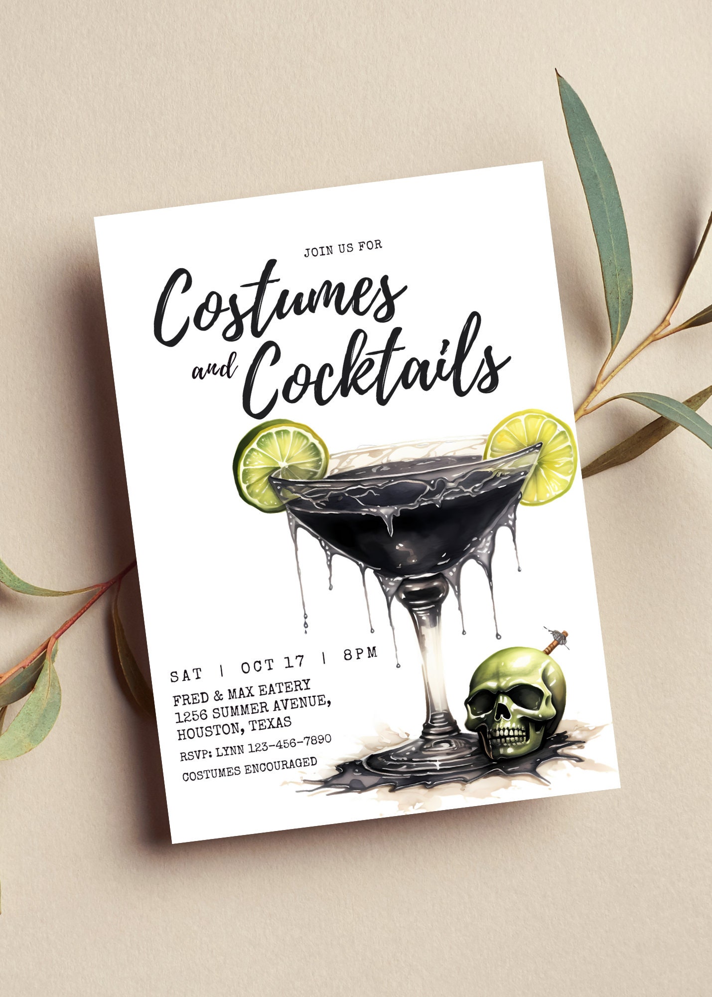 Editable Costumes and Cocktails Invitation Adult Halloween Party Invitation  Costume Party Cocktail Printable or Digital Invitation