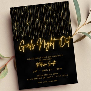 Editable Girls Night Out Invitation, Ladies Night, Girls Night In, Bachelorette Party, Black and Gold, Neon, Printable or Digital Invite