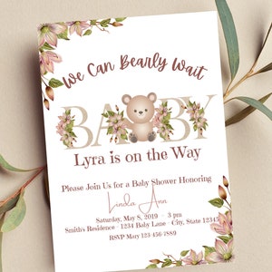 Editable Teddy Bear Baby Shower Invitation We Can Bearly Wait Printable Instant Download