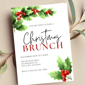 Invitation brunch de Noël modifiable, invitation de vacances, houx, invitation imprimable ou numérique