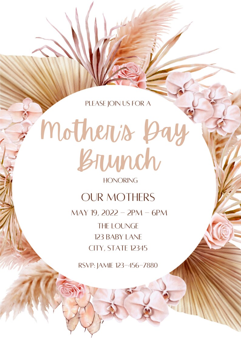 May include: A white invitation with a circle in the center. The circle has the text "Please join us for a Mother's Day Brunch" in brown text. The circle is surrounded by pink and beige flowers and leaves.