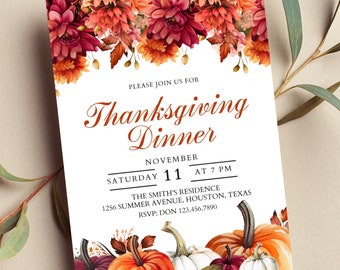 Editable Thanksgiving Invitation, Thanksgiving Dinner,  Floral Orange Burgundy Pumpkin, Friendsgiving Invite Printable