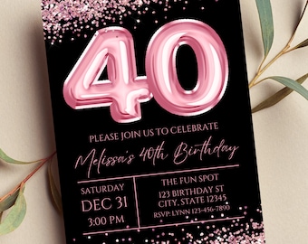 Bearbeitbare 40. Geburtstagseinladung, schwarze und rosa Einladung, rosa 40 Ballon, Meilenstein-Geburtstag, Glitzer, druckbar oder digital
