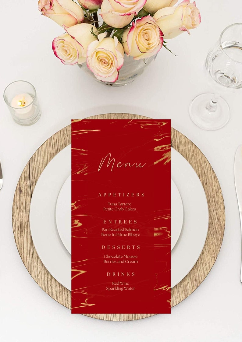Editable Red and Gold Menu Card Template Marble Design - Etsy