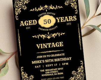 Editable Whiskey Label Invitation, Aged to Perfection, Vintage Birthday Party, Black and Gold Invitation for Men, Printable or Text Invite