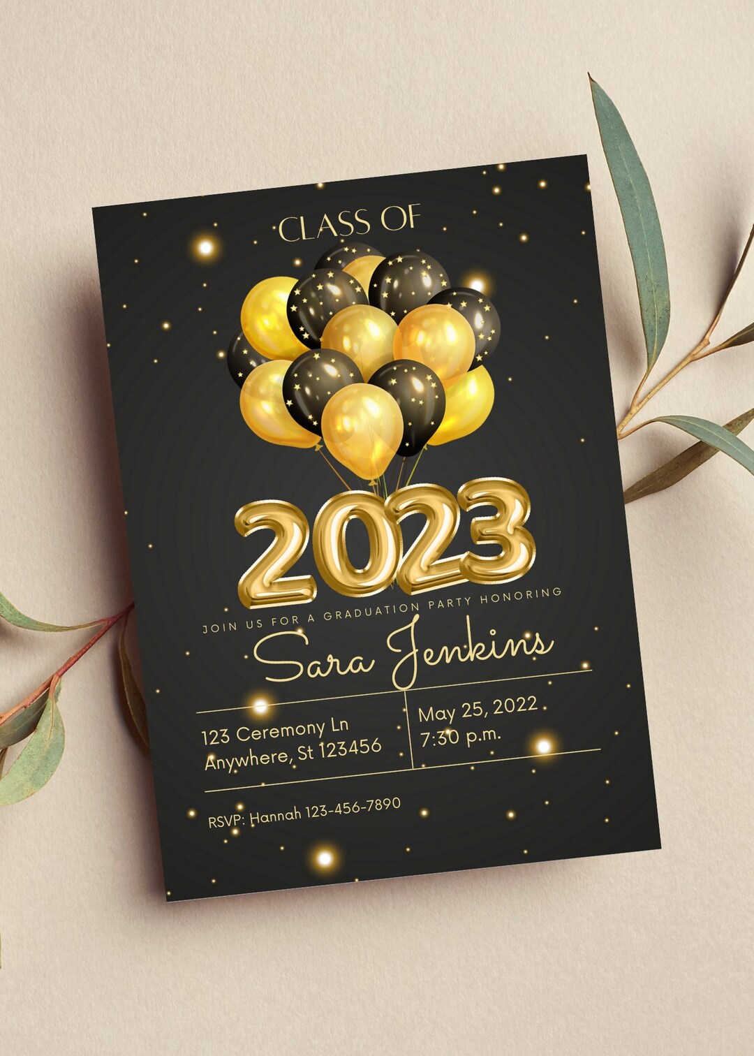 Editable Graduation Invitation 2023, Black and Gold Balloons Graduation