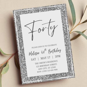Editable Silver Birthday Invitation, Glitter, Any Occasion, Printable or Digital Invite