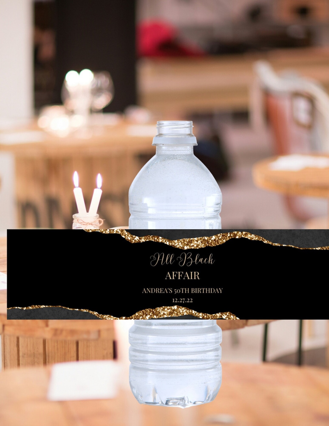 Editable Water Bottle Label Template, All Black Affair, Black and Gold ...