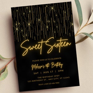 Editable Sweet 16 Birthday Invitation, Black and Gold Invitation, Neon, Print or Digital