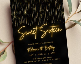 May include: Black and gold Sweet Sixteen birthday invitation with a glittery background. The invitation includes the text "Sweet Sixteen", "Please join us to celebrate", "Melissa's 16th Birthday", "Sat | Aug 17 | 3PM", "The Birthday Spot", "123 Birthday St., Any City, ST 12345", and "RSVP: Lynn 123-456-7890".