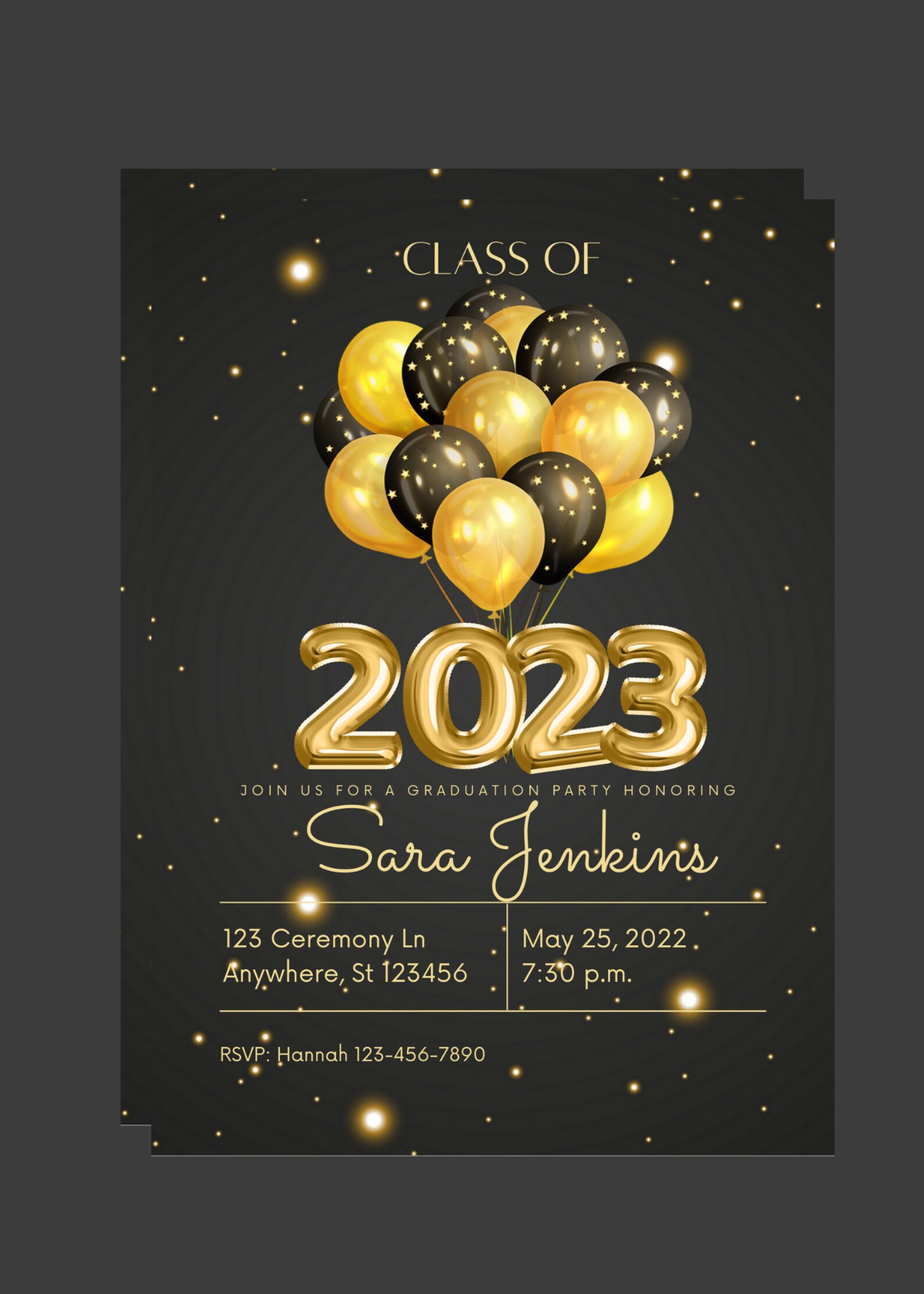 Editable Graduation Invitation 2023 Black and Gold Balloons Etsy
