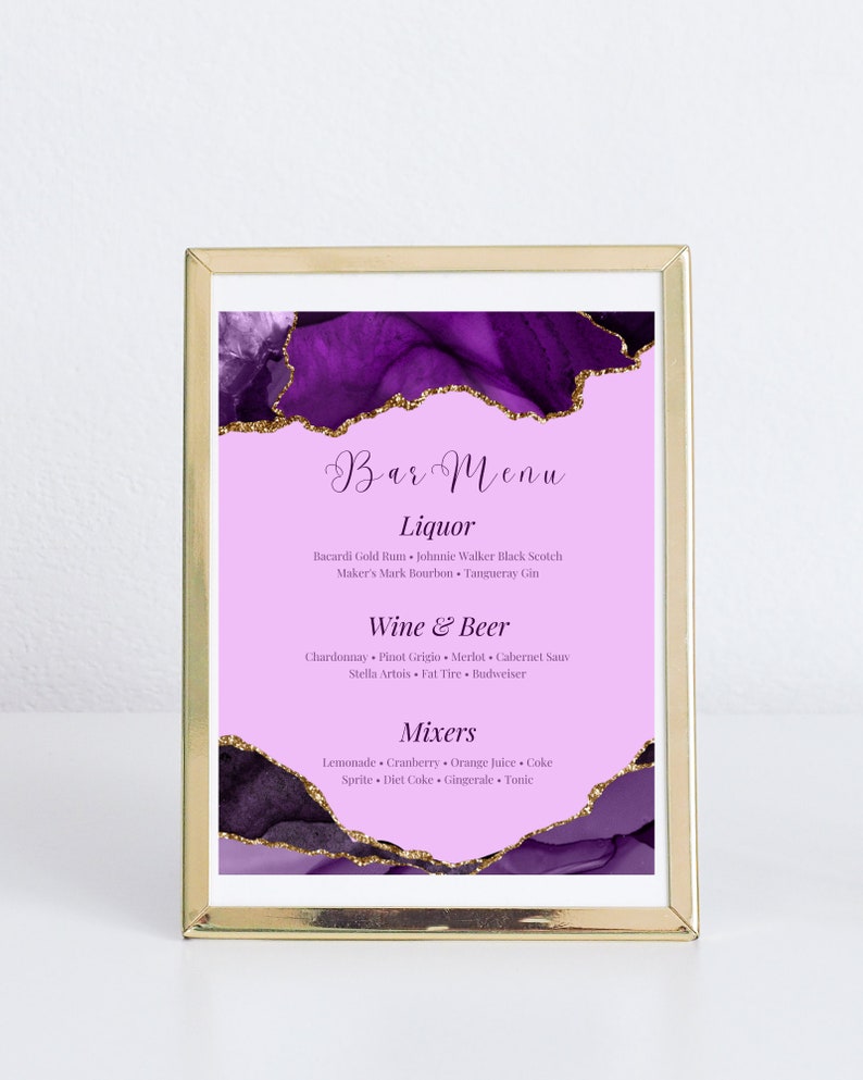 Editable Purple and Gold Bar Menu Card Template, Full Size Menu, Table ...