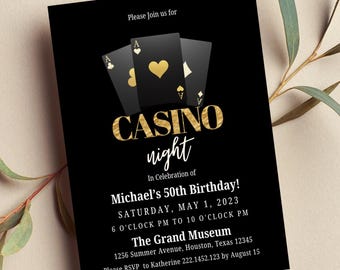 Invitación editable para noche de casino, cumpleaños con temática de casino, invitación imprimible o digital.